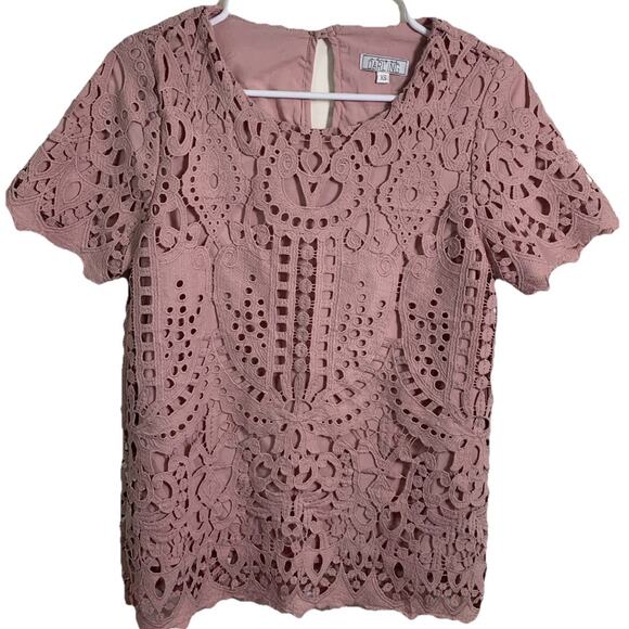 Darling Pink Lace XS Overlay Short Sleeve Women's Top. - Picture 1 of 8